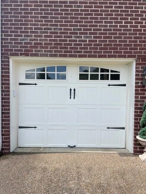 Dad & Daughter garage door project, brentwood 9x7 new short carriage arch glass handles hinges white