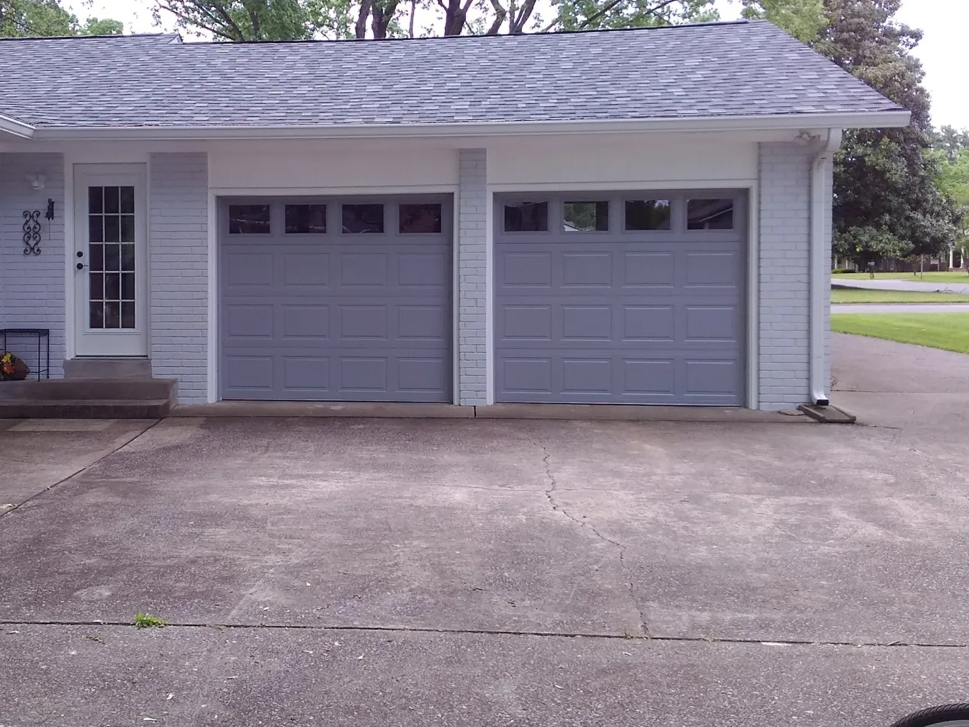 Dad & Daughter garage door project, brentwood tn 9x7 gray short panel traditional clear plain glass new