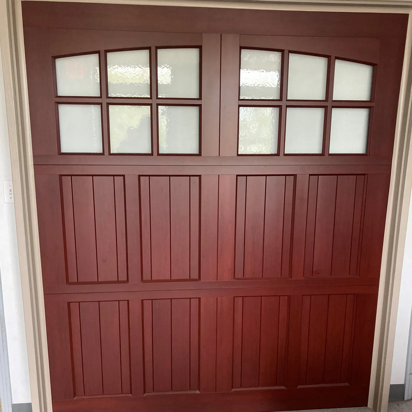 Dad & Daughter garage door project, brentwood tn horman cherry 9x8 glass woodgrain new